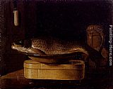Sebastien Stoskopff Still Life Of A Carp In A Bowl Placed On A Wooden Box, All Resting On A Table painting